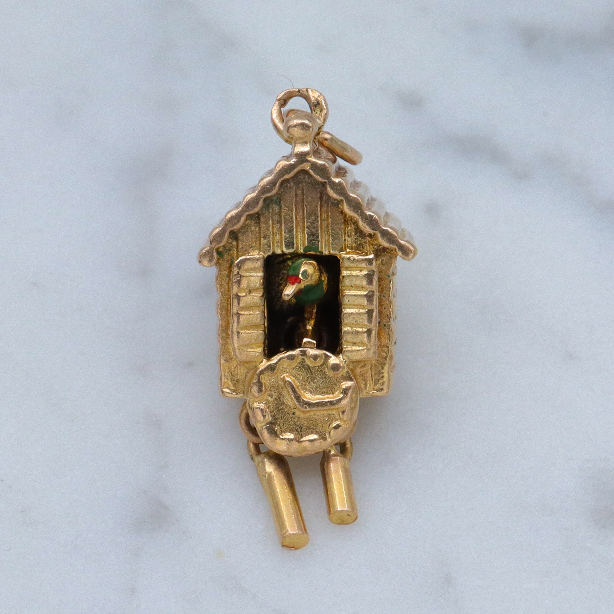 Vintage English 9k gold moving painted cuckoo clock charm pendant